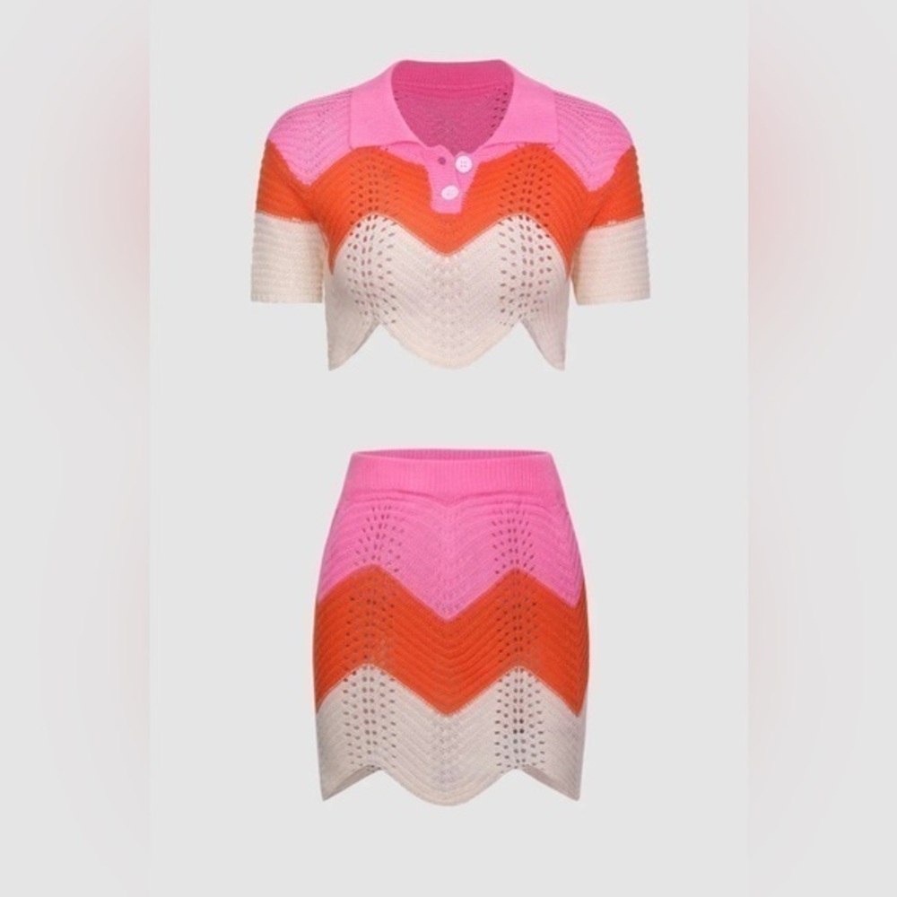 NEW Gradient Wave Hollow Cropped Sweater and Mini Skirt Pink Orange Cream Small